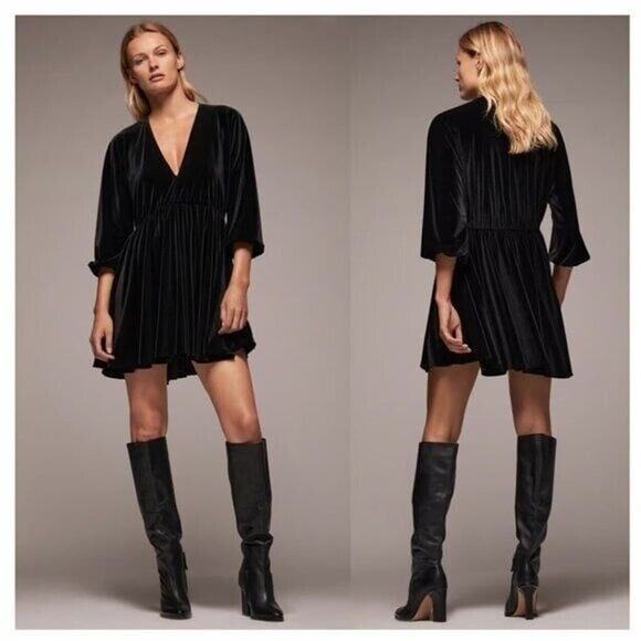 Zara Black Velvet Dress Womens M Whimsigoth Witchy Deep V Mini Short Party Vamp - Picture 1 of 6